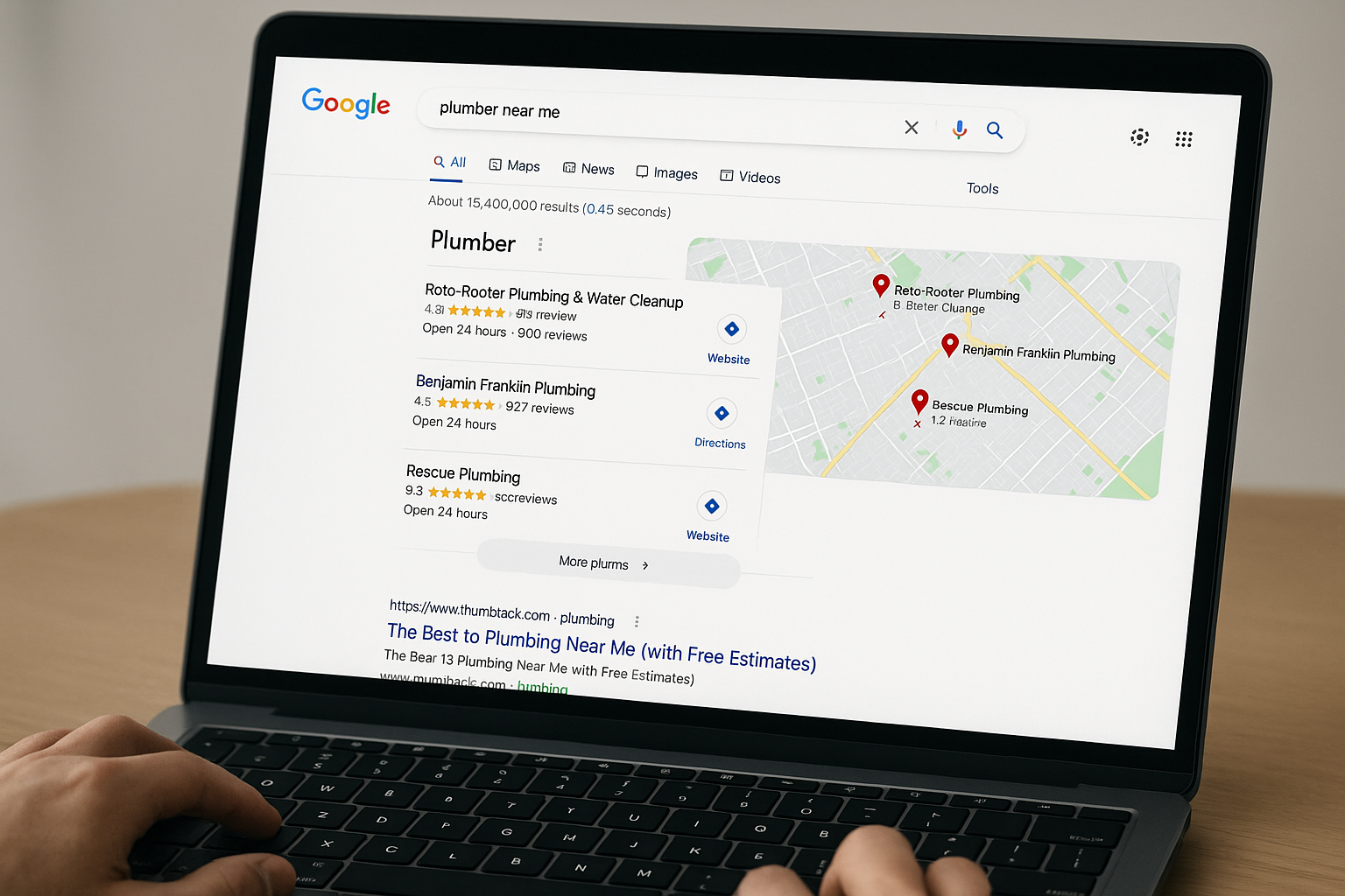 Person using a laptop to search Google, displaying local search results on the screen