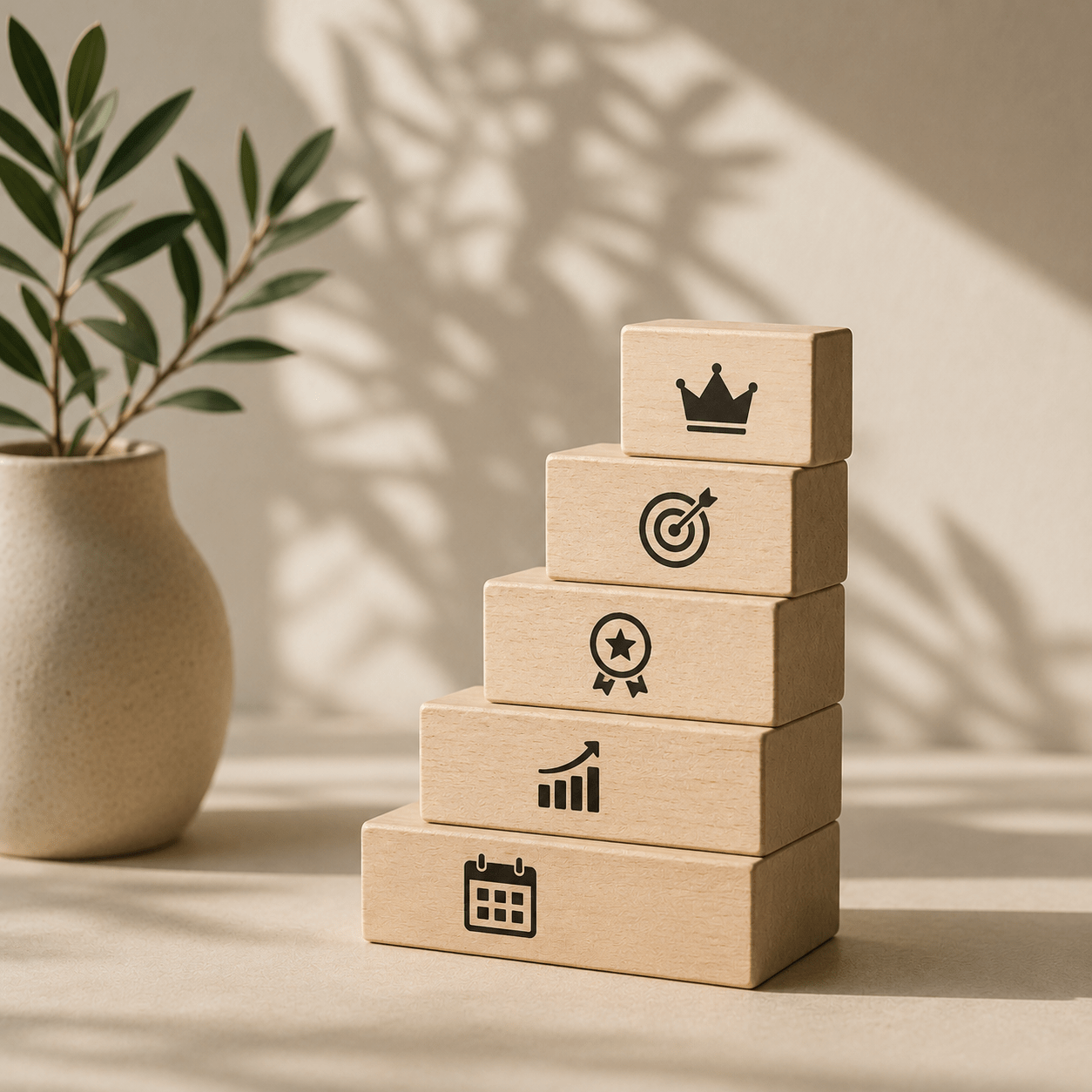 Stacked wooden blocks with calendar, growth, achievement, target, and authority symbols