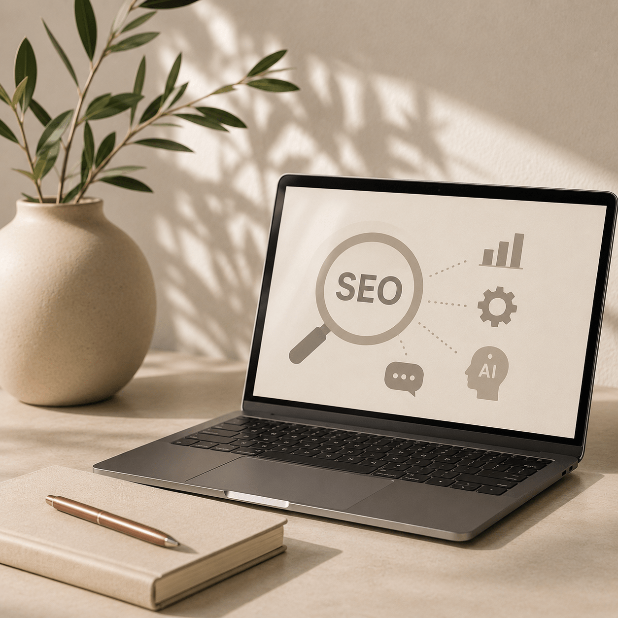 Laptop displaying search and AI optimization symbols beside a plant and notebook