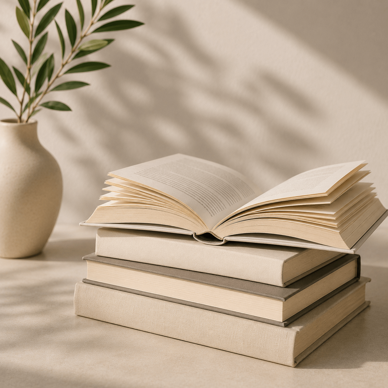 Open book resting on a stack of books in warm natural light