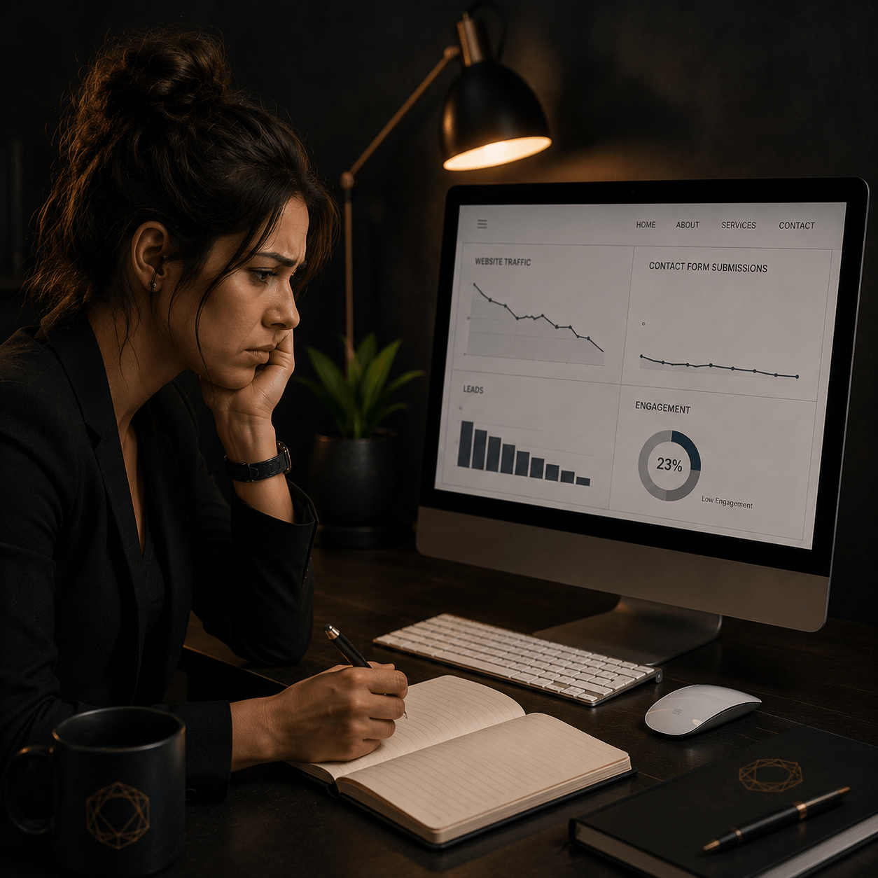Business owner reviewing low website leads, traffic, and engagement