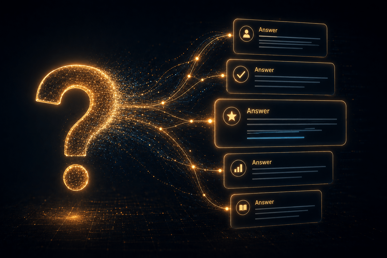 Illuminated question mark transforming into AI-generated answer cards